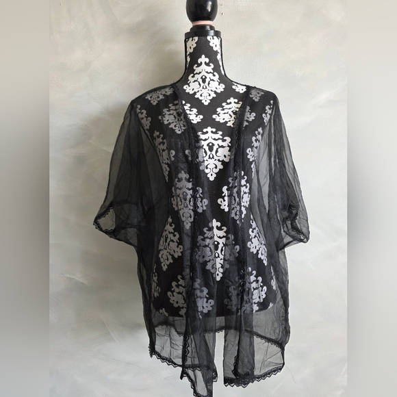 Vintage Black Sheer Chiffon Robe Short Bed Jacket Peignoir Black Lace Trim OS - Picture 7 of 12
